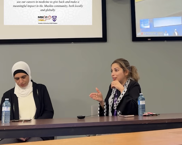 Dr. Nehal Al Tarhuni and Dr. Ruba Kiwan speaking at the Giving Back Through Medicine physician panel.